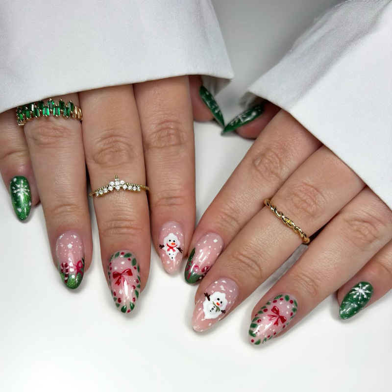 24pcs Short Almond Shape Christmas Wearable Nails Green french Bow Snowman Design Press On Fake Nails 24pcs Short Almond Shape Christmas Wearable Nails Green french Bow Snowman Design Press On Fake Nails