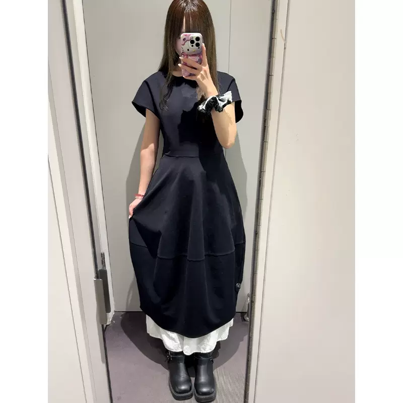 连衣裙女夏高级感收腰花苞连衣裙黑色2025春季新品女通勤休闲长裙