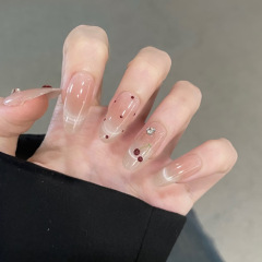 X524法式腮红樱桃小钻猫眼追光手工封层穿戴甲杏仁甲长款可拆卸女