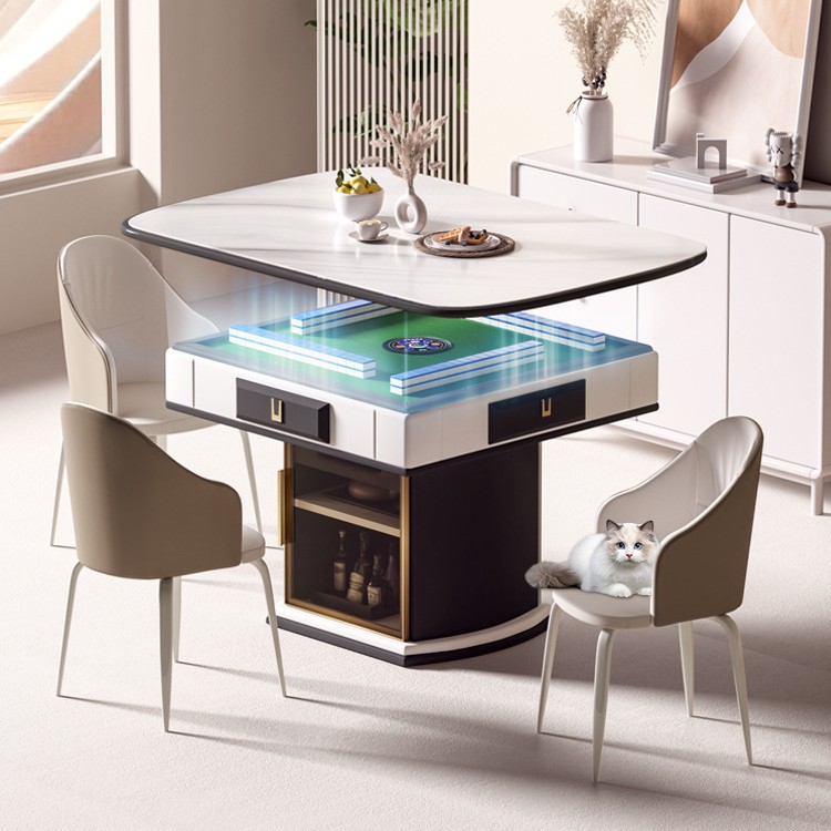 Mesa de mahjong, mesa de comedor, máquina de mahjong automática de doble propósito, bajo, hogar con cocina de inducción, tabla de cortar caliente, forma ovalada, multifuncional