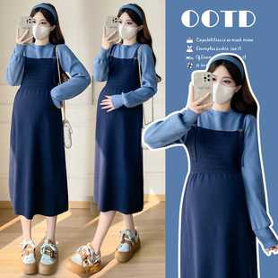 Maternity 2024 Autumn New Fake Two-piece Contrast Color Knitted Sweater Dress Pregnant Women Postpartum Lactation Strap Dress