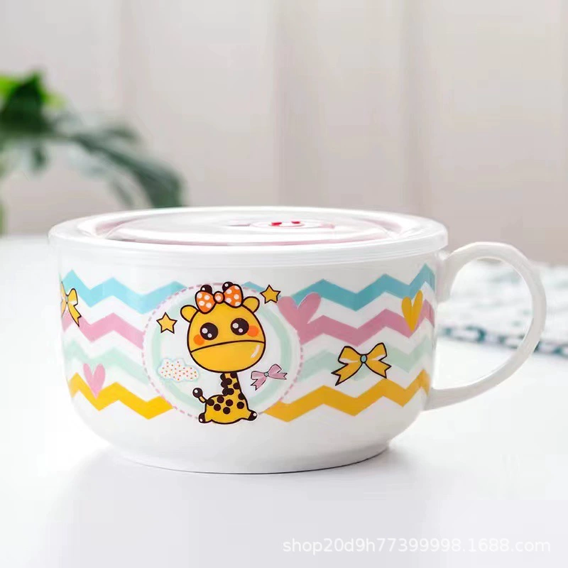 Microwave ceramic noodle bowl with lid and handle, 5.25″ and 6″, cute printed designs