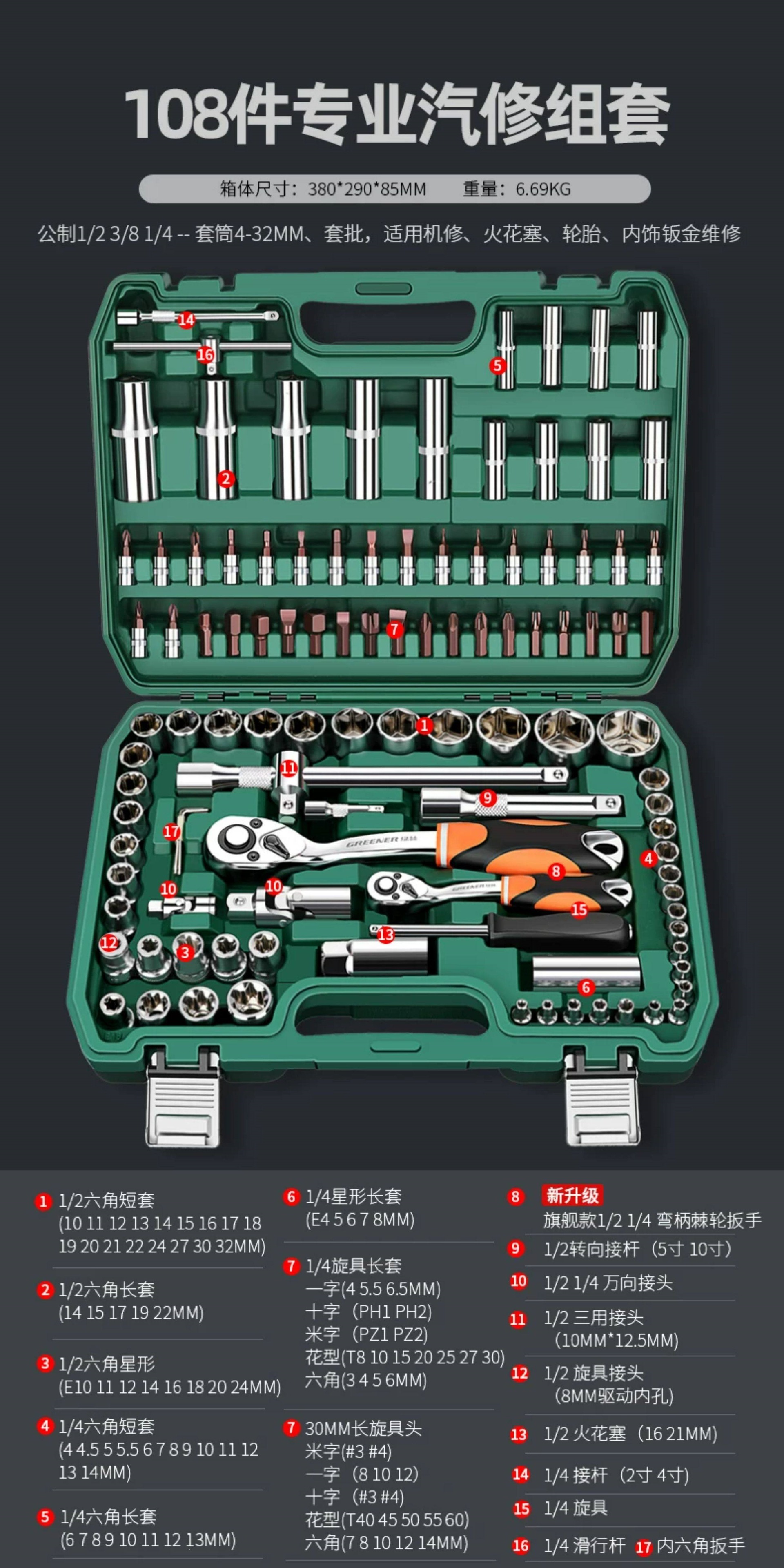 Suitable for Green Forest Auto Repair Tool Set, Socket Wrench, Ratchet, Car Repair Combination Tool Box, Multi-Function