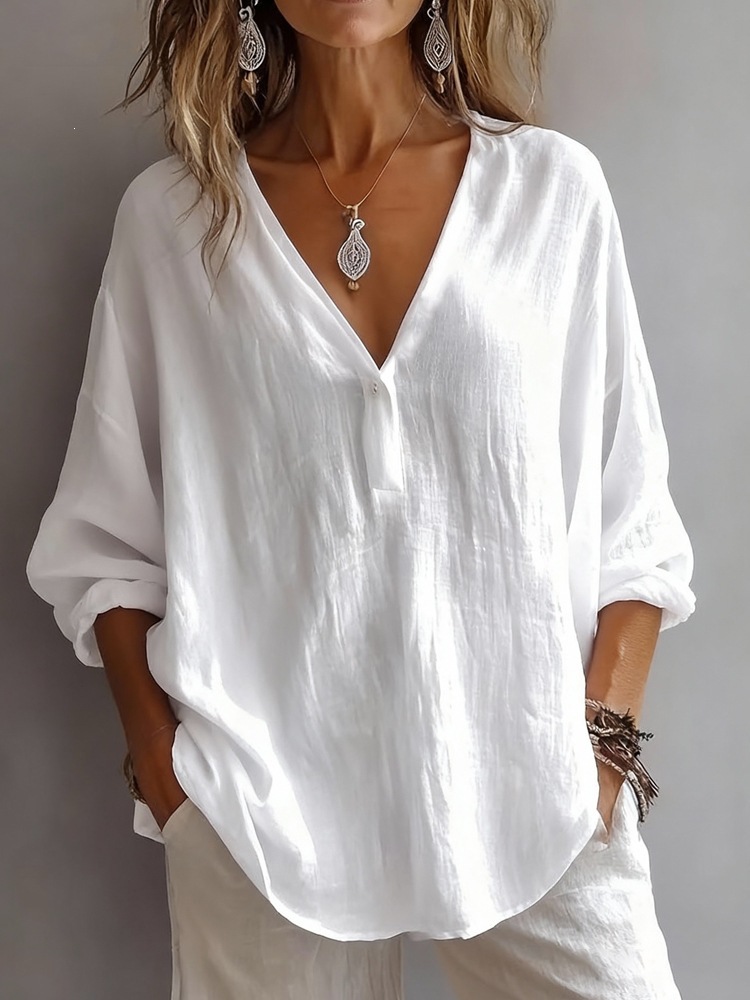 Women's V-Neck Long Sleeve Blouse Relaxed Fit Pullover Top For Autumn Casual Wear_ecoleips.com