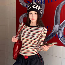 美式复古条纹长袖t恤女秋季纯棉打底衫辣妹修身显瘦正肩t恤女上衣