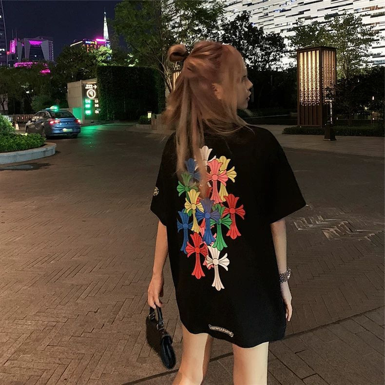 100% Pure Cotton Round Neck Short-Sleeve T-Shirt for Women, Casual Trendy Brand with Unique Design, Popular Cross Print, Wide Fit 100% Pure Cotton Round Neck Short-Sleeve T-Shirt for Women, Casual Trendy Brand with Unique Design, Popular Cross Print, Wide Fit