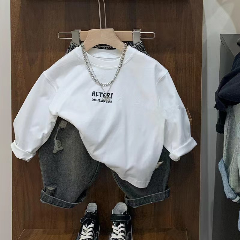 Camisa de fondo de algodón para niños 2023 nuevos niños y niñas letra impresa Camiseta de manga larga bebé simple cuello redondo interior t
