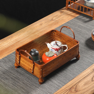 Large paint bamboo woven household storage basket bamboo rectangular handle fruit basket basket retro Chinese bamboo basket organizing box