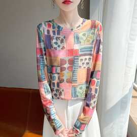 2025秋冬新款针织衫复古印花长袖法式舒适女圆领印花宽松打底上衣