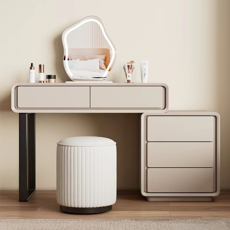 Simple Modern Light Luxury Solid Wood Dressing Table Bedroom Cream Style Small Apartment Retractable Dressing Table Three-Drawer Cabinet Integrated