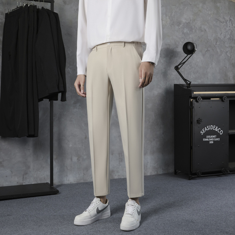 Trendy Summer Ice Silk Thin Solid Color Tapered Cropped Suit Pants for Men, British Style, Wrinkle-Free, Slim Fit, Casual Pants