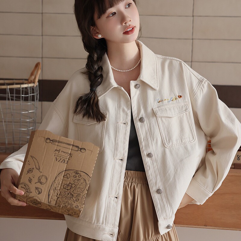 Women's Denim Jacket 2024 Autumn New Hong Kong Style Loose Letter Embroidery White Work Jacket Short Jacket Women's Denim Jacket 2024 Autumn New Hong Kong Style Loose Letter Embroidery White Work Jacket Short Jacket