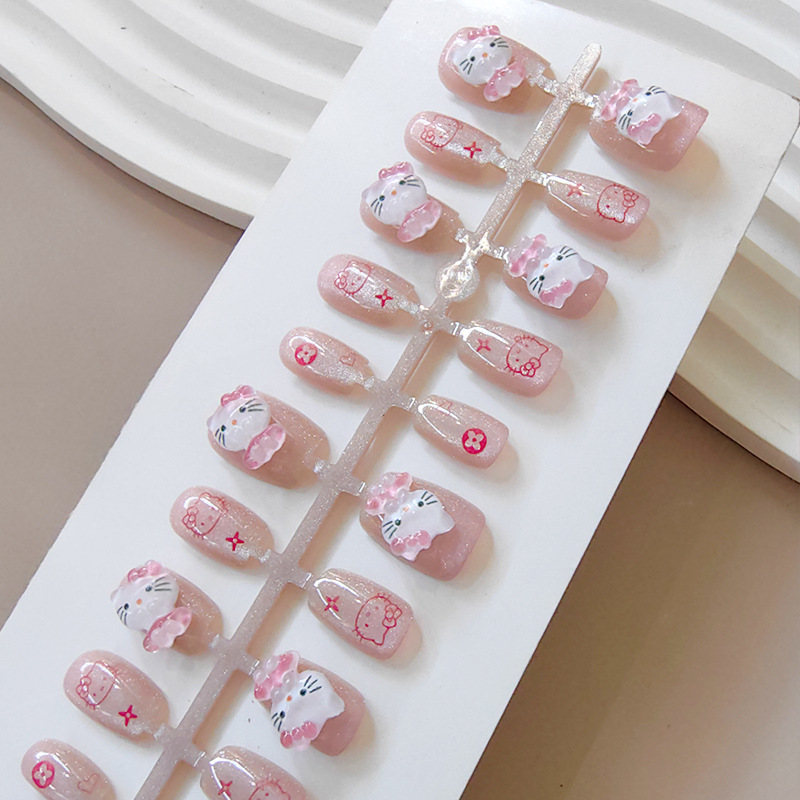 Short Kitty Cat Manicure Patch Nails Student Sweet Pink Fake Nails Removable Wearable Nails Pre-Made Nails