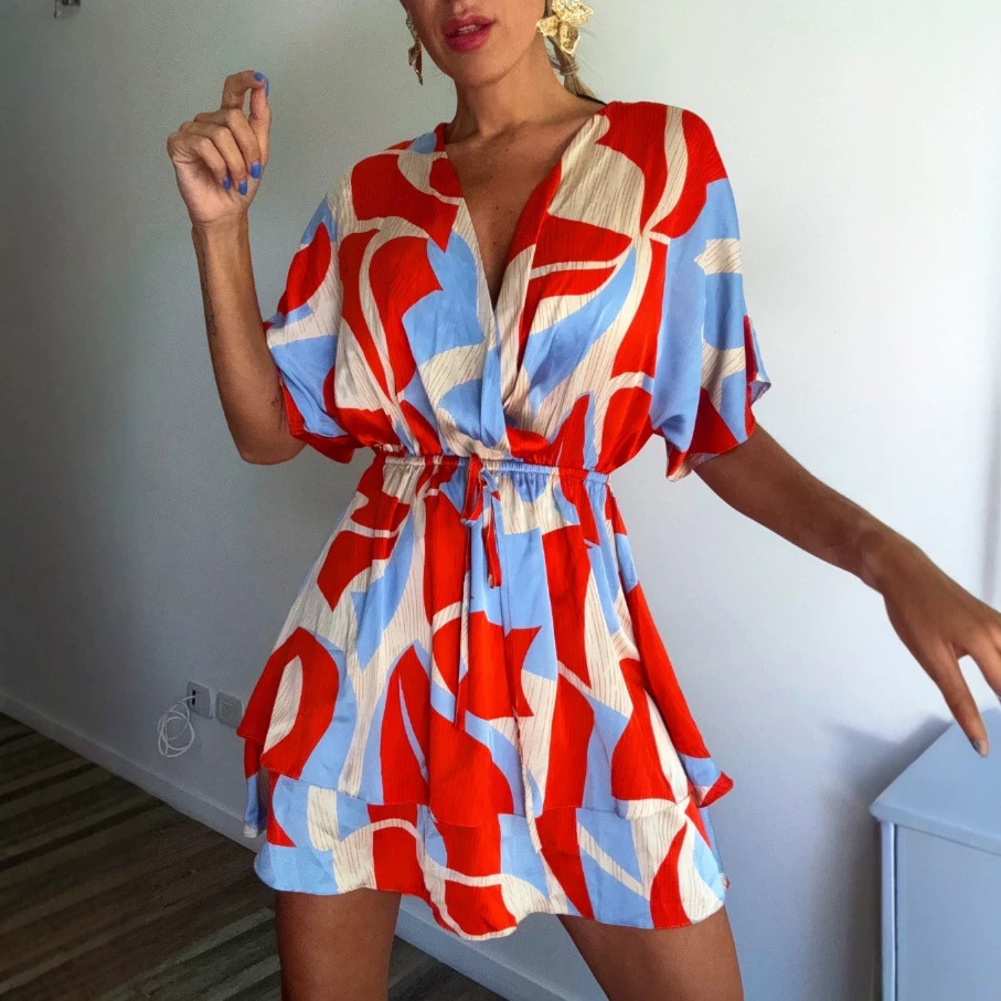 Abstract Print V-Neck Midi Dress With Tie Waist, Flowy Short Sleeve Summer Dress For Vacation & Casual Outings_ecoleips.com