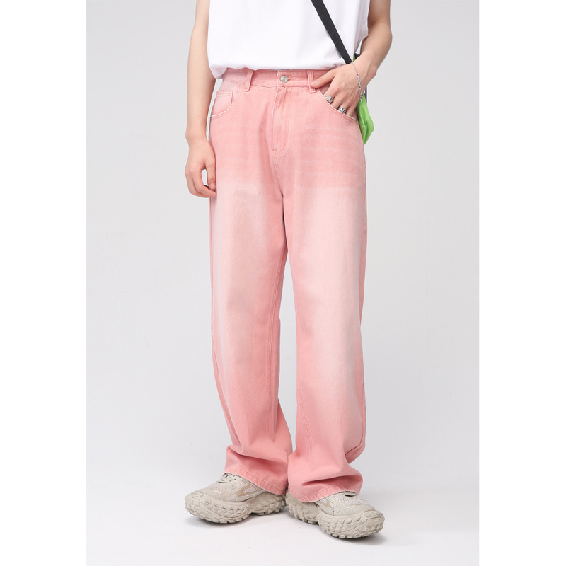 Mtlclothes Men's Clothing | American Retro Washed Vintage Pink Jeans for Men, Loose Straight-Leg Cleanfit Pants.