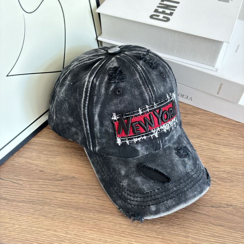 韓国風ファッションパッチ刺繍リッピングウォッシュデニム野球帽男性と女性用、カジュアルな顔見せの小さなひさし帽子|undefined
