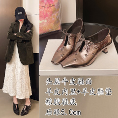 头层牛皮深口单鞋女2025秋季新款休闲复古风跟小皮鞋厂家一件代发