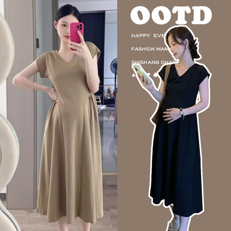 Maternity dress Summer Wear Slimming Elegant V-neck Skirt Summer 2025 New Short-sleeved Long Skirt