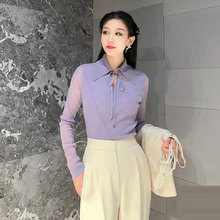 商场同款2024春秋新款女装修身紫色翻领系带网纱长袖衬衫