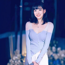 法单jac修身针织衫不规则v领春秋纯色不对称网纱拼接性感罗纹长袖