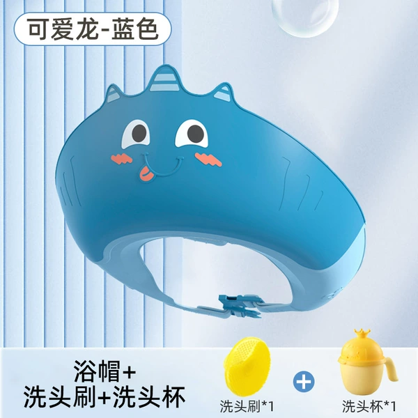 Cute dragon shower cap - blue + shampoo brush + shampoo cup