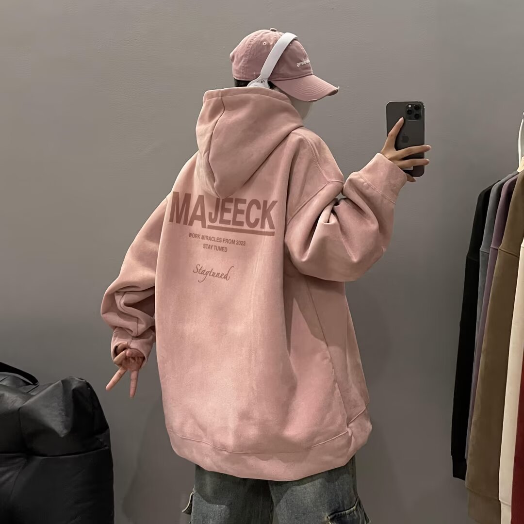 Rosa Wildleder Kapuzen pullover Herren Frühling und Herbst Trend marke ins schwere Rogue gutaussehende Paar lose große Freizeit jacke