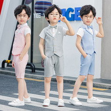 夏季新款童套装批发宝宝纯色格子小马甲礼服三件套六一儿童演出服