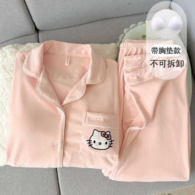 Hellokitty with Breast Pad German Velvet Pajamas for Women Spring, Autumn and Winter Coral Velvet Thickeneded Warm and Cute Home Clothes