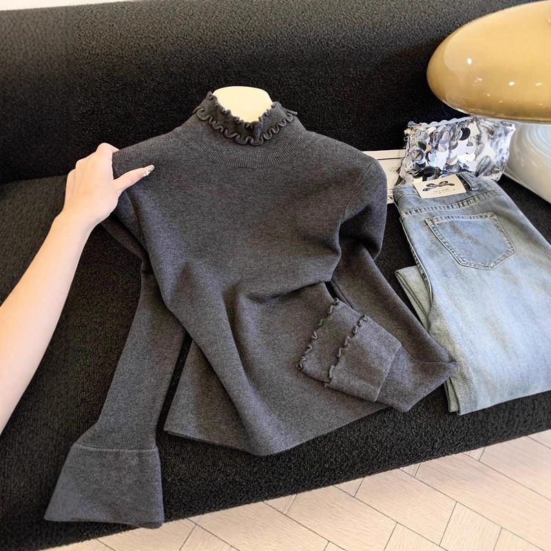 【 40-100kg 】Ruffled Knit Base Shirt for Autumn and Winter, Stylish Solid Color Versatile Top, Slimming Fashionable Blouse 【 40-100kg 】Ruffled Knit Base Shirt for Autumn and Winter, Stylish Solid Color Versatile Top, Slimming Fashionable Blouse