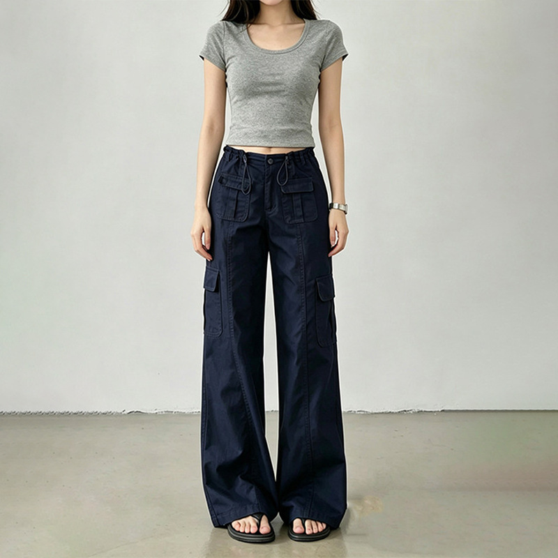 Tall Women's Extended-Length American-Style Navy Blue Low-Waist Multi-Pocket Cargo Pants, Spring/Summer Loose Narrow Straight-Leg Casual Pants Tall Women's Extended-Length American-Style Navy Blue Low-Waist Multi-Pocket Cargo Pants, Spring/Summer Loose Narrow Straight-Leg Casual Pants