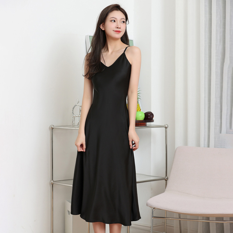 French Acetic Acid Satin Sexy Sling dress Women's Ultra-long Spring and Summer Solid Color Base Dress Solid Color Dress