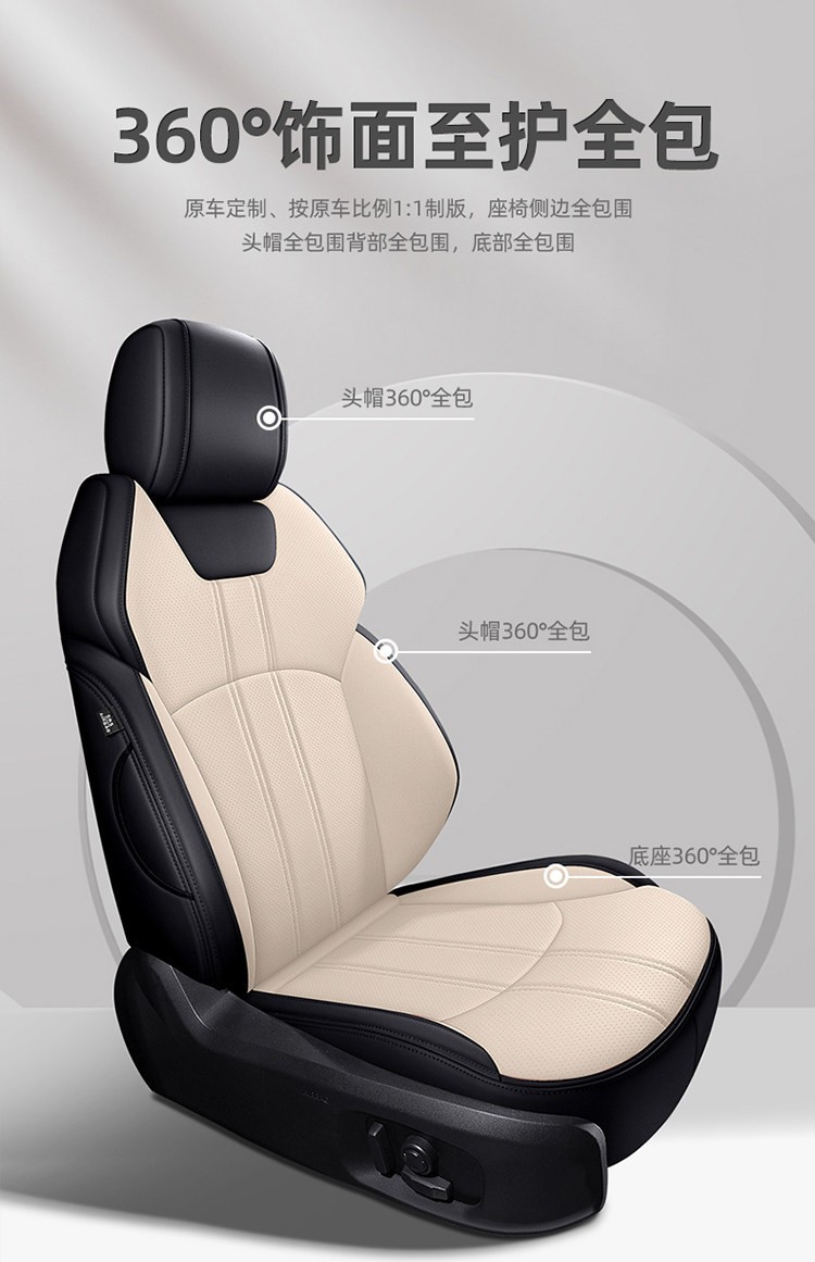 Custom-fit car seat covers, suitable for all seasons, with a full wrap-around design, 360-degree coverage, perforated leather for breathability, and designed specifically for your car model