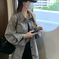 2025秋冬新款小香风领格子衬衫外套宽松慵懒韩系中长款上衣