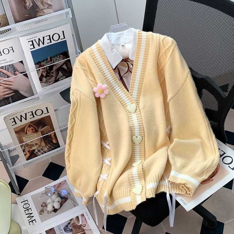 Lazy Bow Sweater Cardigan for Women, Autumn/Winter, 3D Floral, College Style, Sweet and Youthful Knitted Cardigan