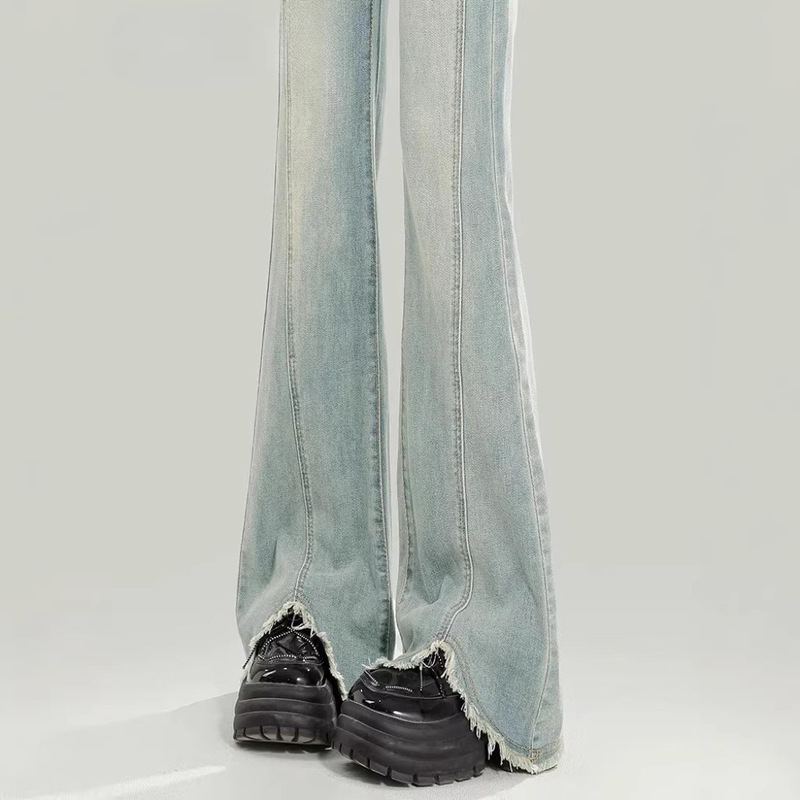Light-Colored Frayed Hem Flared Jeans for Women, Spring/Summer 2026 New Style, High-Waisted, Stretchy, Slim-Fit, Split Hem, American Style, Floor-Length Flares Light-Colored Frayed Hem Flared Jeans for Women, Spring/Summer 2026 New Style, High-Waisted, Stretchy, Slim-Fit, Split Hem, American Style, Floor-Length Flares