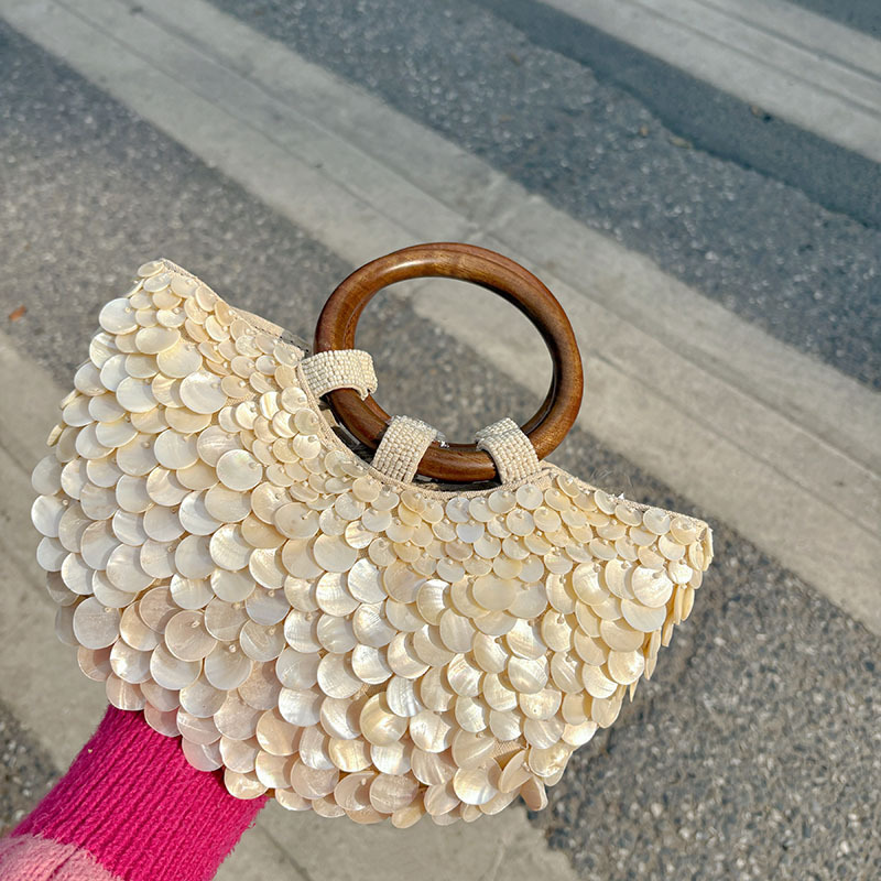 547g Weight Polyester Lining Material Weave Fashion Element Open Closure Type Single Shoulder Strap Strap Type Handbag Bags Type Casual Occasion Polyester Material Shell Pattern All Seasons Season Women's Gender Vacation Style Semicircle Shape Medium Size Women's Medium Polyester Shell Vacation Weave Semicircle Open Handbag 15