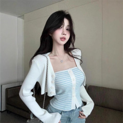 蓝白条纹露背无袖抹胸背心女秋季修身针织裹胸甜辣妹短款内搭上衣