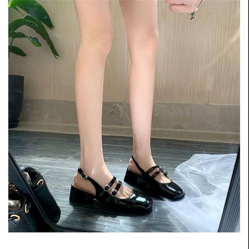 French Toe Sandals Women Summer  New Square Head Thick Heel Back Hollow Single Shoes Retro Double Button Mary Jane Sandals 