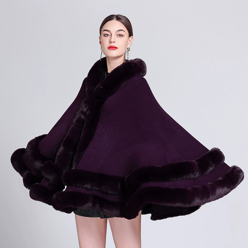 Пальто-пончо кардиган с капюшоном, европейский стиль, plus size, отделка из искусственного меха
