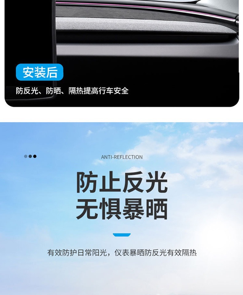 Suitable for Tesla Model 3/Y Dashboard Light-Proof Mat, Center Console Light-Proof Mat, Suede Leather, High Temperature Resistant, Anti-Reflective