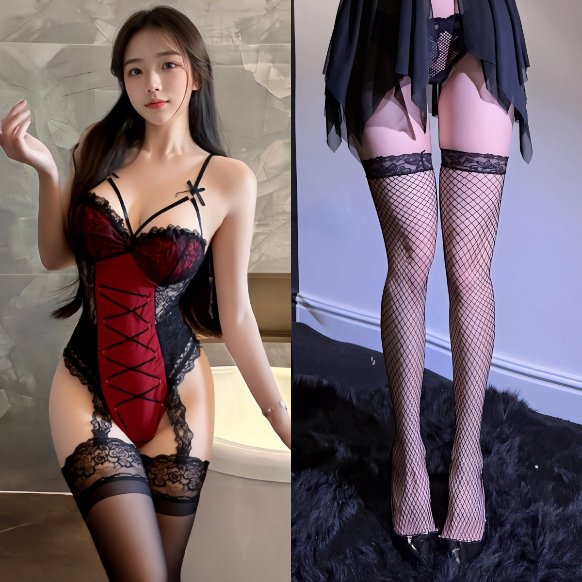 점프수트 + 블랙 망사스타킹