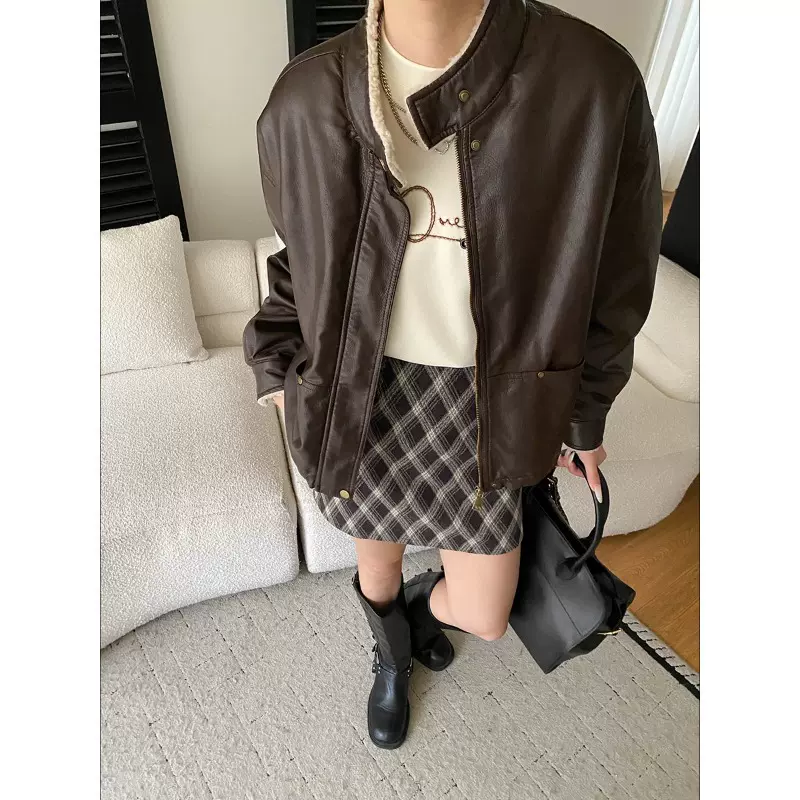 司南 摩登街区 美式机车风立领休闲夹克加绒加厚皮衣外套 SN8304