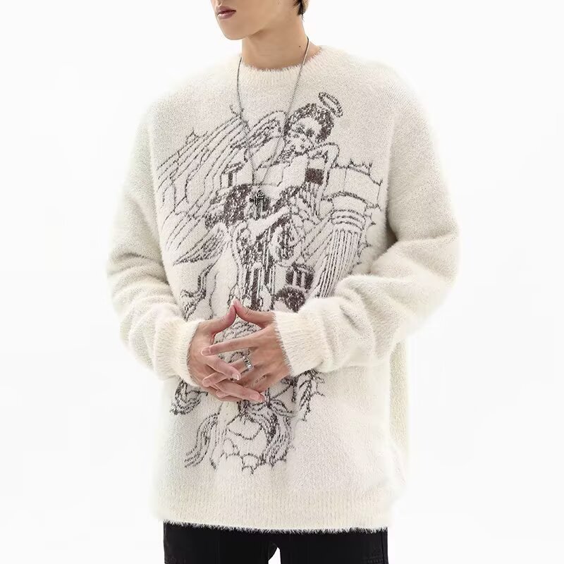 Men's Oversized Gothic Angel Print Knit Sweater Soft Warm Fleece Pullover Black Beige Winter M XXXL_voghion.com