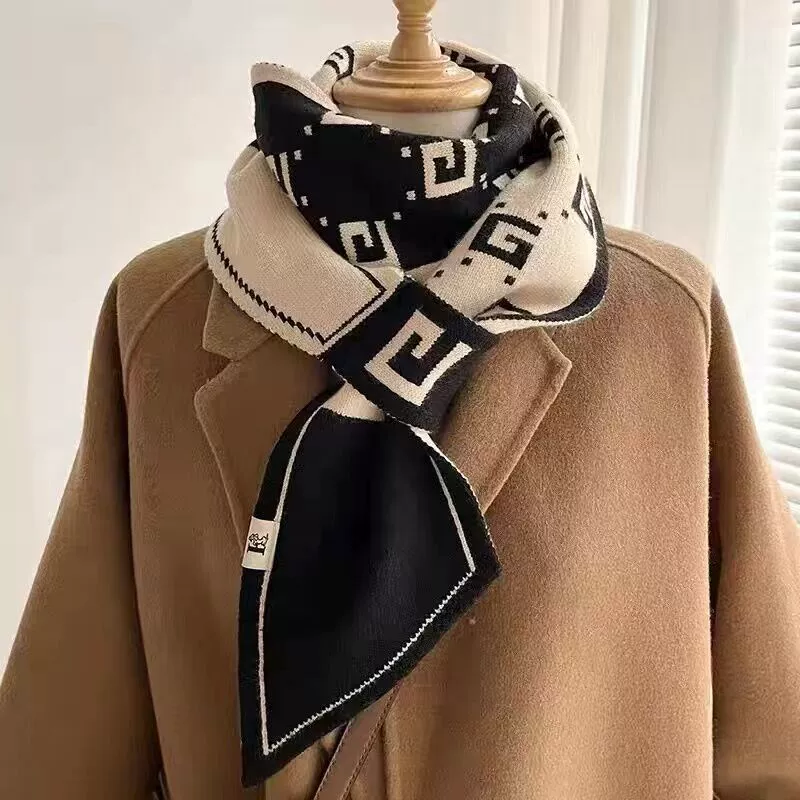 Женский шарф, двусторонний на зиму, теплый маленький шарф, клетчатый узор «гусиные лапки», скошенный край, универсальная защита для шеи, маленький шарф.