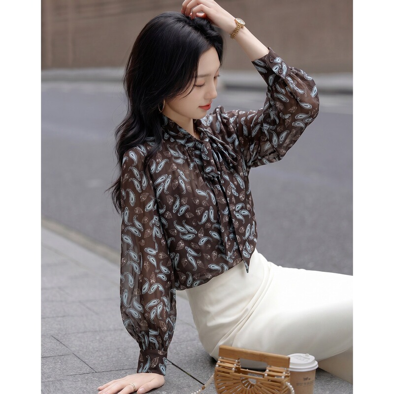 Everyday chic autumn elegant chiffon printed side-lapel tie-front loose and lightweight women's shirt Everyday chic autumn elegant chiffon printed side-lapel tie-front loose and lightweight women's shirt
