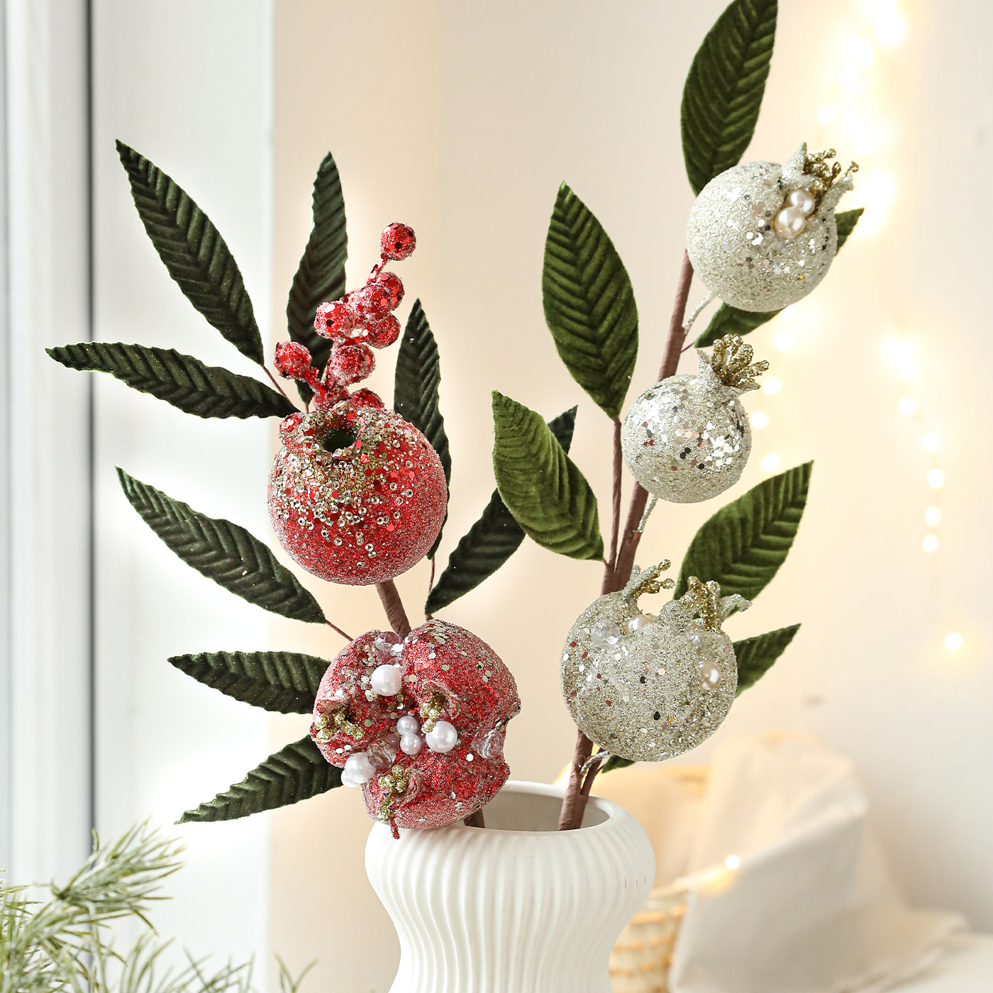 Nuevos productos de imitación granada espuma fruta roja polvo pegajoso ramas flores falsas escritorio diseño decorativo de flores
