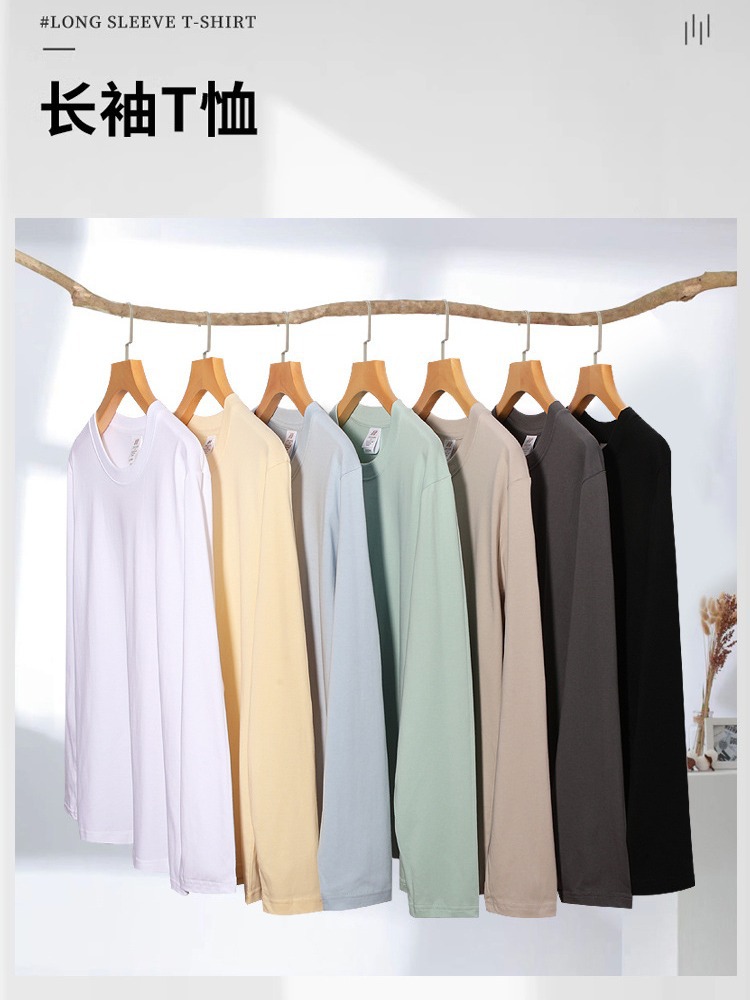 Camiseta básica de 230g para mujer, camiseta de manga larga de algodón puro para otoño, camiseta de cuello redondo de color sólido para parejas, venta al por mayor