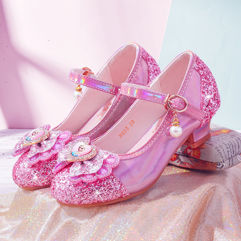 Girls' High-Heeled Shoes Spring and Autumn New Style Elsa Children's Shoes Purple Princess Crystal Soft-Soled Single Shoes Little Girls' Leather Shoes