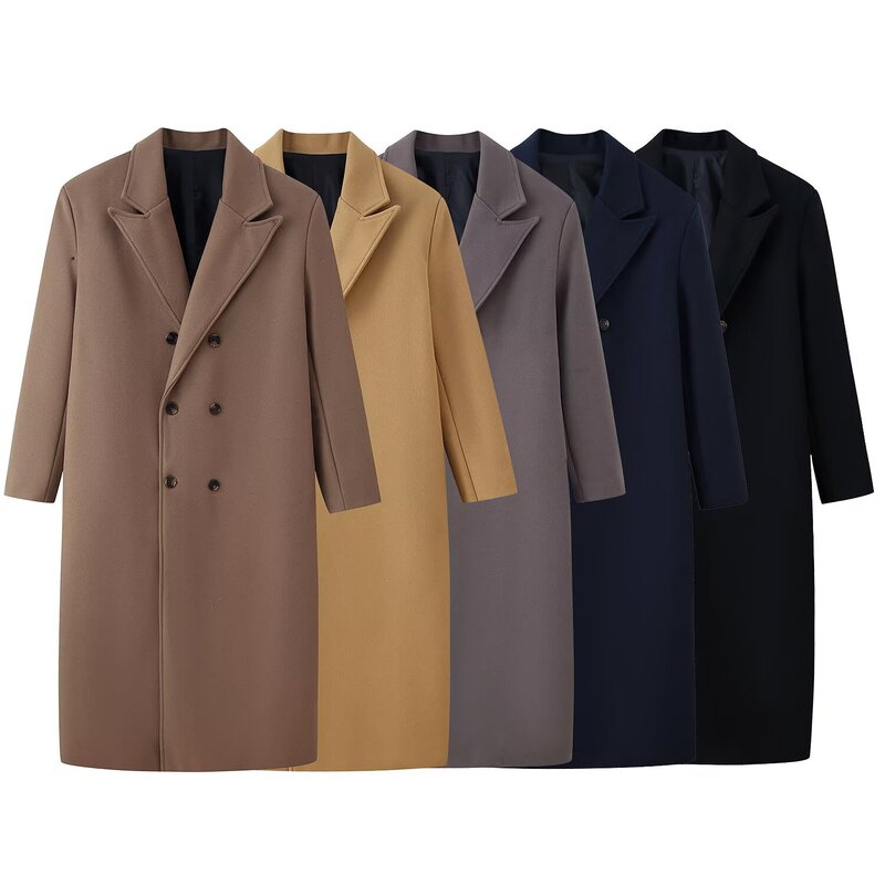 Foreign Trade Wholesale Autumn New European and American Style Five-Color Double-Breasted Long Coat Woolen Jacket
