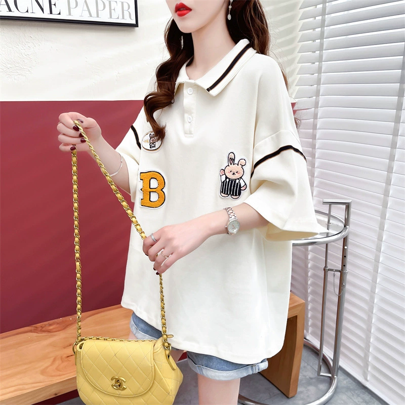 Женская футболка с короткими рукавами и воротником-поло больших размеров, женская летняя футболка 2025 года, новый свободный топ с тонким дизайном, модный топ